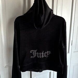 NWT Juicy Couture Velour Black With Rhinestones Logo Cropped Hoodie Size XL